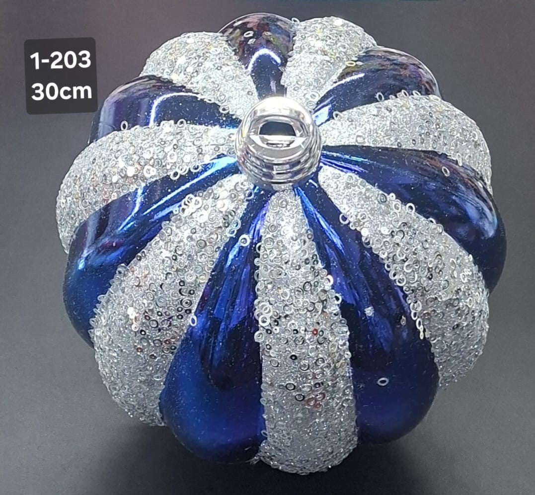 Glob de Crăciun Uriaș, Albastru Regal Lucios cu Dungi Argintii, Sclipici și PaietE - 30cm